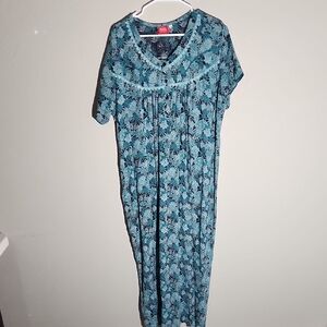 Payal Night Wear XL Floral Print Full-Length Nightgown Blue Black Cottagecore